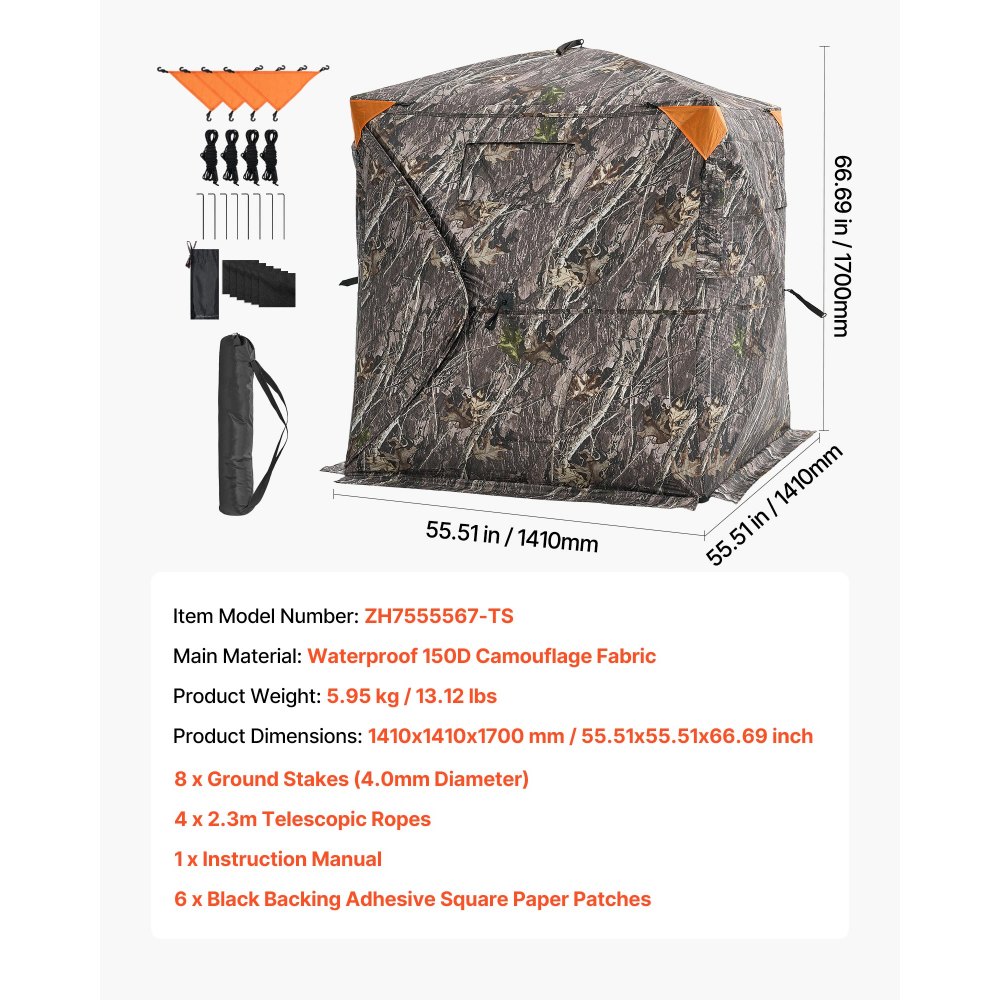 VEVOR Hunting Blind, 270° See Through Ground Blind, 1-2 Person Pop Up Deer Blind for Hunting with Carrying Bag, Portable Resilient Hunting Tent, One-Way See-Through Mesh for Turkey and Deer Hunting
