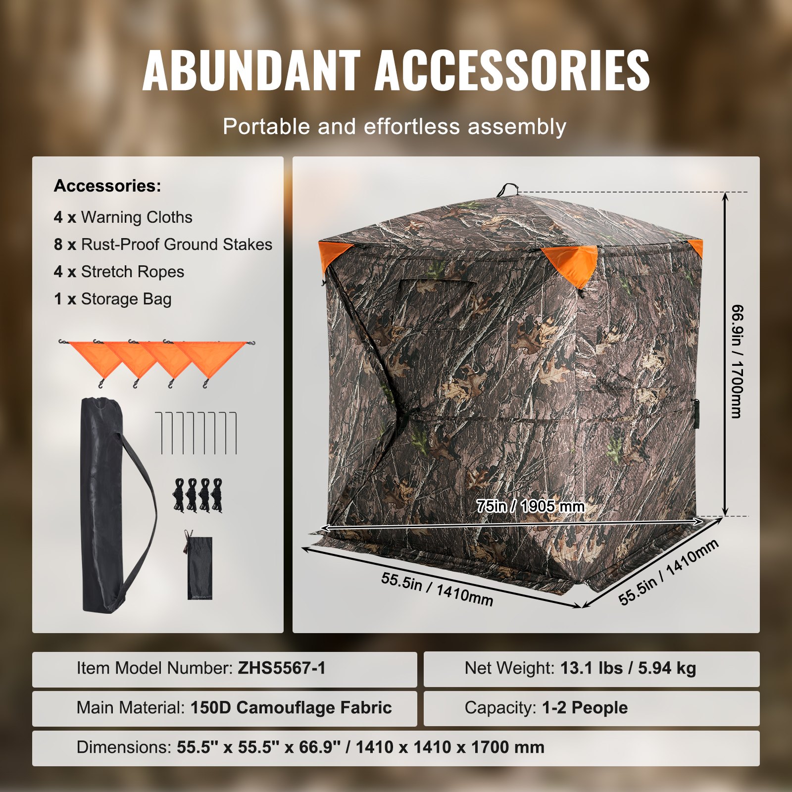 VEVOR Hunting Blind, 270° See Through Ground Blind, 1-2 Person Pop Up Deer Blind for Hunting with Carrying Bag, Portable Resilient Hunting Tent, One-Way See-Through Mesh for Turkey and Deer Hunting