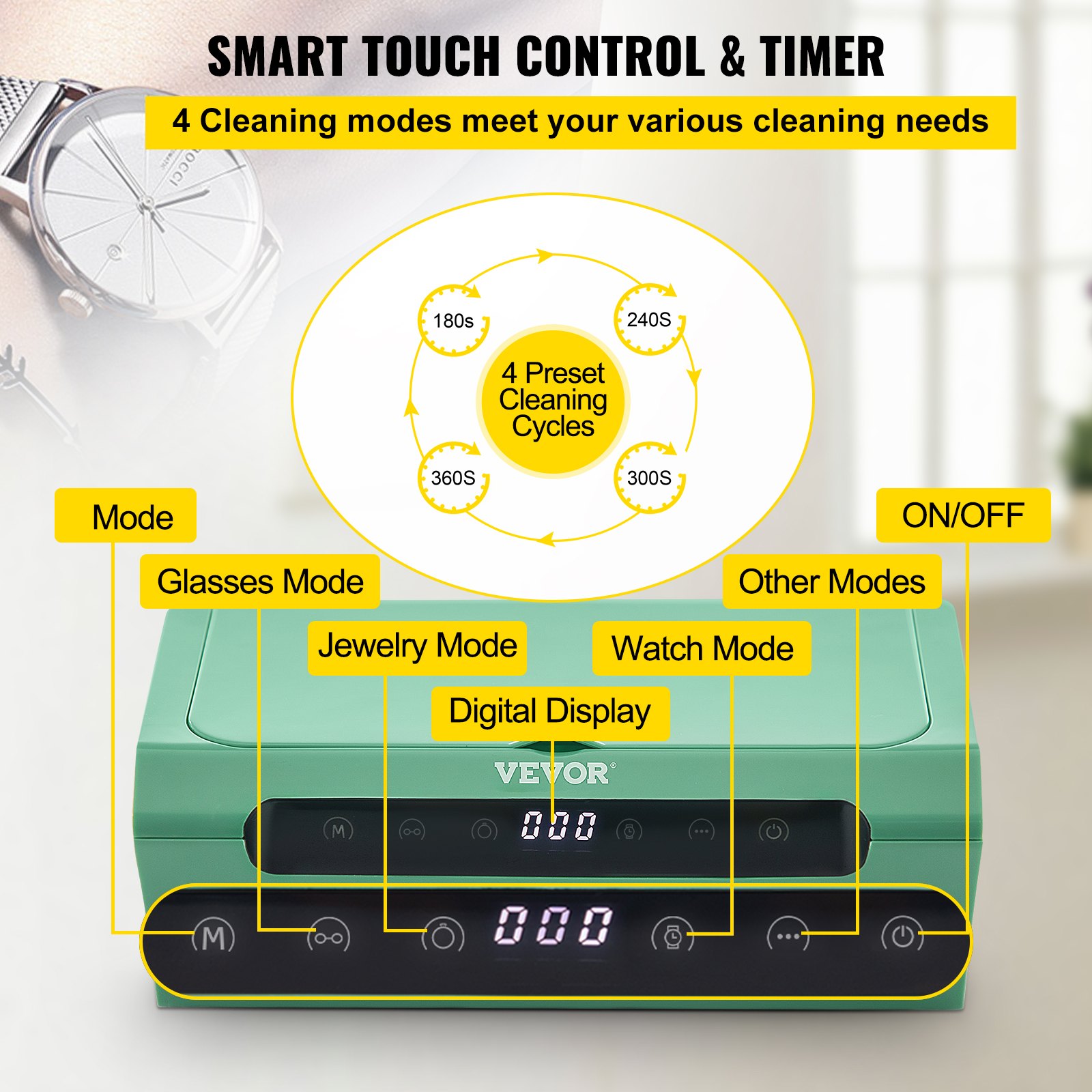 VEVOR Ultrasonic Jewelry Cleaner, 45 kHz 500ML, Professional Ultra Sonic Cleaner w/Touch Control, Digital Timer, Cleaning Basket, Stainless Steel Ultrasound Cleaning Machine for Watches Glasses Green