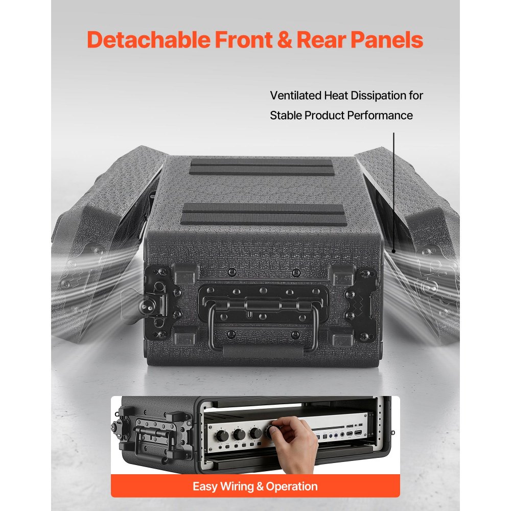 VEVOR 2U Rack Case, 12 in Depth, Rackmount Flight Case Shallow Rack with Microphone Compartment, Polyethylene Construction, Recessed Latches, Easy Installation, for Amplifier, 8.7 in Internal Depth