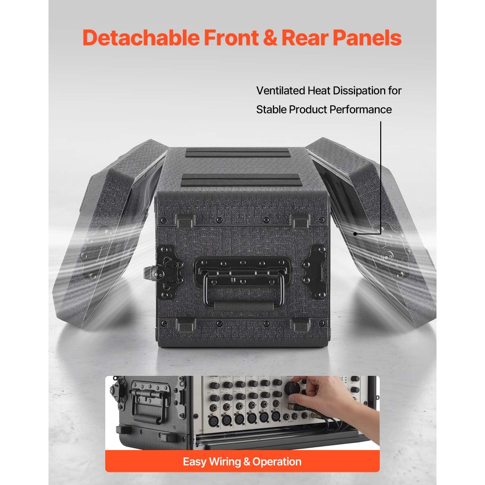 VEVOR 4U Rack Case, 12 in Depth, Rackmount Flight Case Shallow Rack with Microphone Compartment, Polyethylene Construction, Recessed Latches, Easy Installation, for Amplifier, 8.7 in Internal Depth