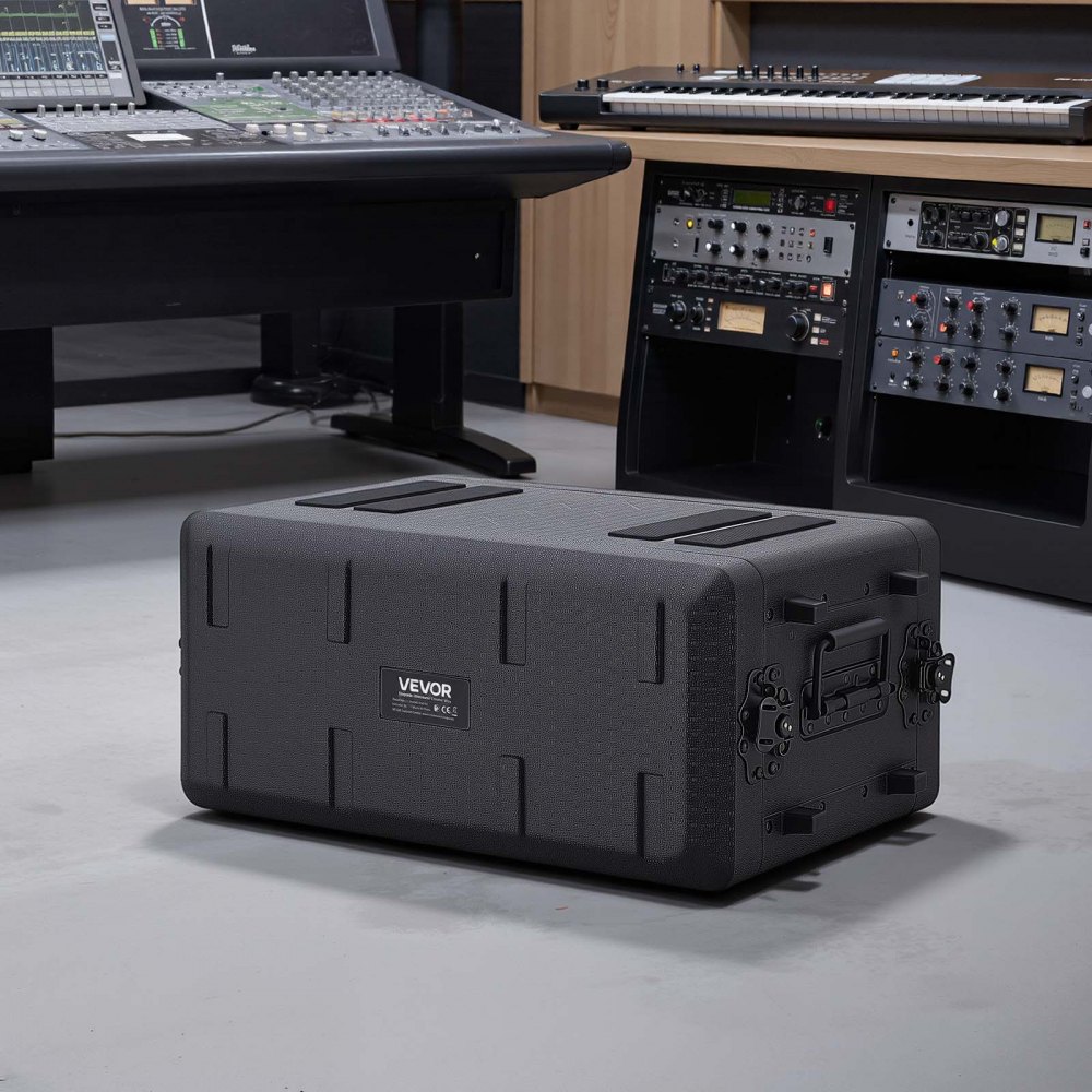 VEVOR 4U Rack Case, 12 in Depth, Rackmount Flight Case Shallow Rack with Microphone Compartment, Polyethylene Construction, Recessed Latches, Easy Installation, for Amplifier, 8.7 in Internal Depth