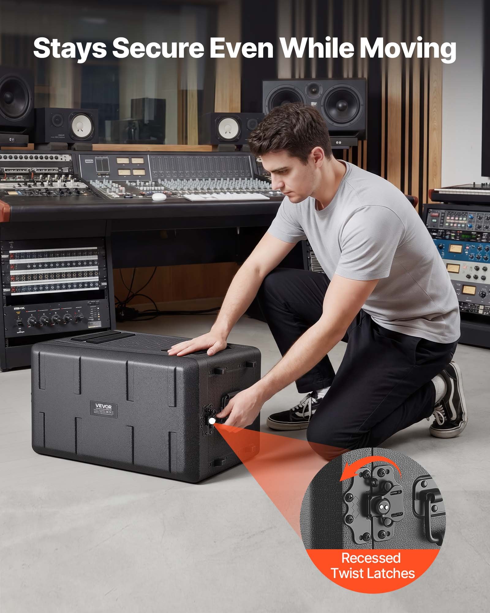 VEVOR 6U Rack Case, 12 in Depth, Rackmount Flight Case Shallow Rack with Microphone Compartment, Polyethylene Construction, Recessed Latches, Easy Installation, for Amplifier, 8.7 in Internal Depth