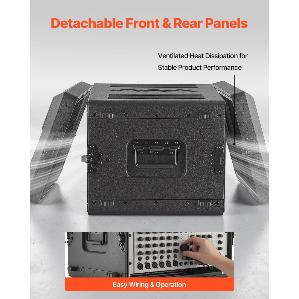 VEVOR 6U Rack Case, 15 in Depth, Rackmount Flight Case Shallow Rack with Microphone Compartments, Polyethylene Construction, Recessed Latches, Easy Installation, for Amplifier, 13.8 in Internal Depth