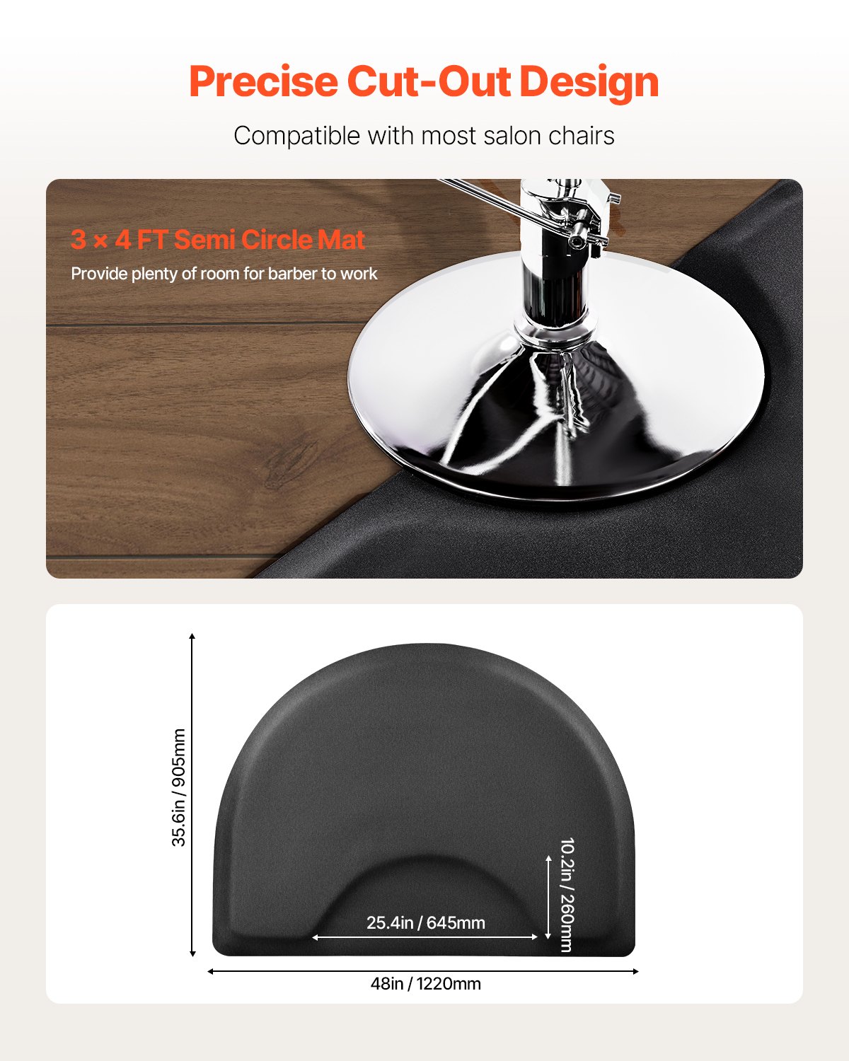 VEVOR Salon Mat for Hair Stylist, 1220 x 905 mm  Semi-circle Salon Chair Mat, 13mm Thickened Anti Fatigue Barber Shop Floor Mat with Round Cut Out, Easy-to-Clean PVC Surface & Anti-Trip Beveled Edges