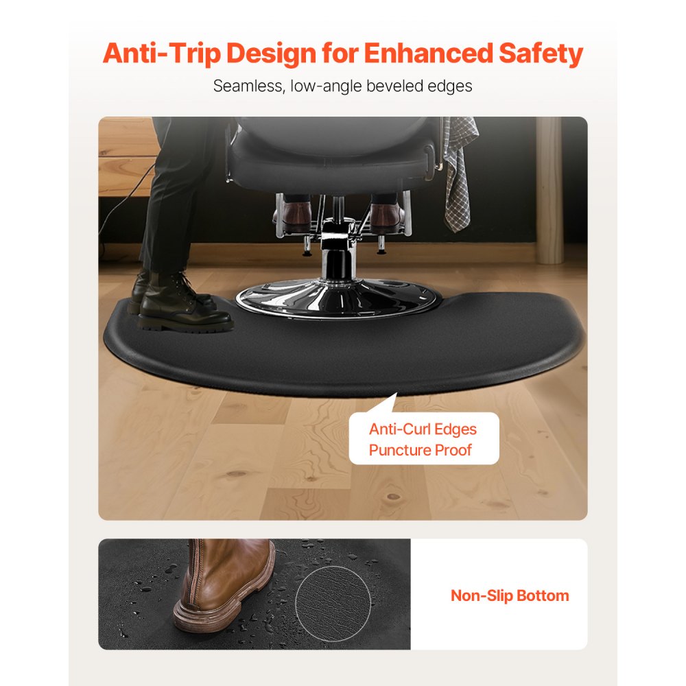 VEVOR Salon Mat for Hair Stylist, 1220 x 930 mm Semi-circle Salon Chair Mat, 25mm Thickened Anti Fatigue Barber Shop Floor Mat with Round Cut Out, Easy-to-Clean PVC Surface & Anti-Trip Beveled Edges