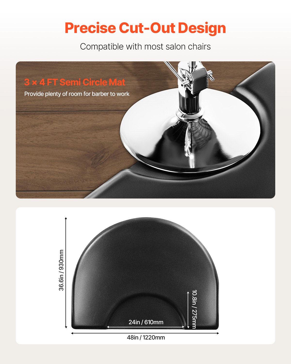 VEVOR Salon Mat for Hair Stylist, 1220 x 930 mm Semi-circle Salon Chair Mat, 25mm Thickened Anti Fatigue Barber Shop Floor Mat with Round Cut Out, Easy-to-Clean PVC Surface & Anti-Trip Beveled Edges