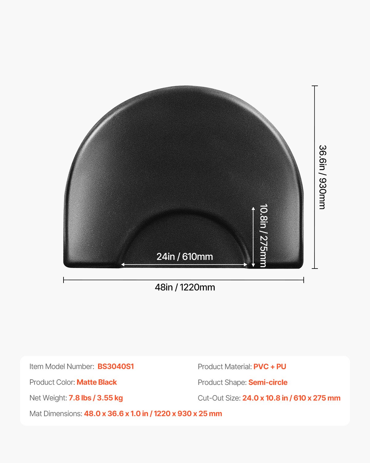 VEVOR Salon Mat for Hair Stylist, 1220 x 930 mm Semi-circle Salon Chair Mat, 25mm Thickened Anti Fatigue Barber Shop Floor Mat with Round Cut Out, Easy-to-Clean PVC Surface & Anti-Trip Beveled Edges