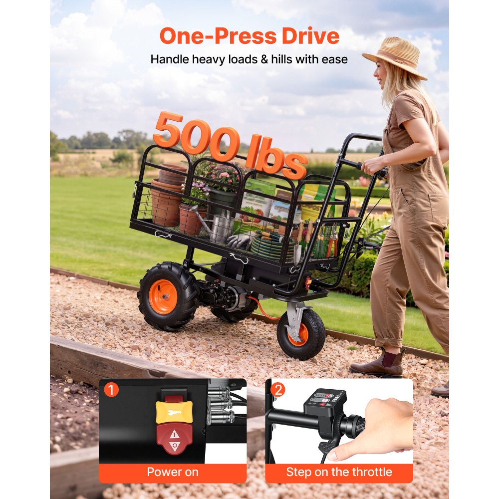 VEVOR Electric Utility Cart, 36V 432Wh Battery Powered Electric Wagon, 500W Power Wheelbarrow with Brake, 500 lbs Load Heavy Duty Steel Garden Cart for Farm and Yard All Purpose Modular Cargo Bed