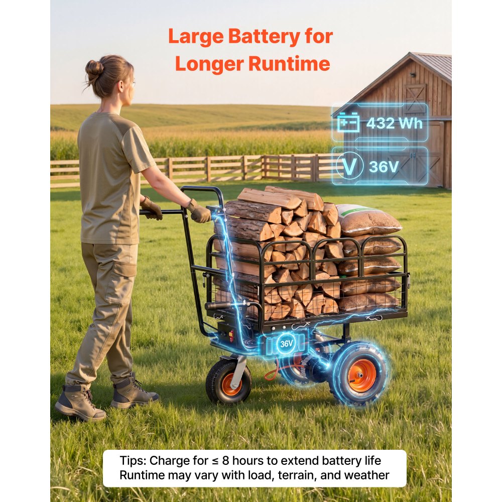 VEVOR Electric Utility Cart, 36V 432Wh Battery Powered Electric Wagon, 500W Power Wheelbarrow with Brake, 500 lbs Load Heavy Duty Steel Garden Cart for Farm and Yard All Purpose Modular Cargo Bed