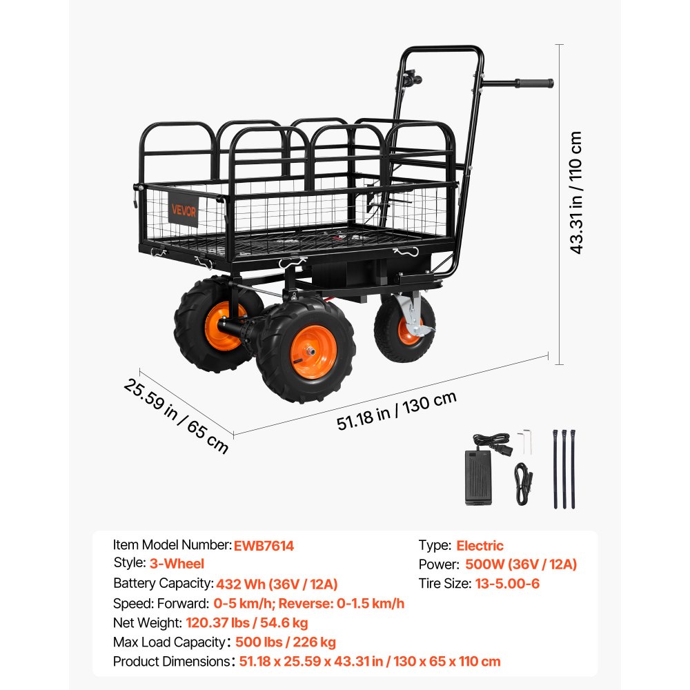 VEVOR Electric Utility Cart, 36V 432Wh Battery Powered Electric Wagon, 500W Power Wheelbarrow with Brake, 500 lbs Load Heavy Duty Steel Garden Cart for Farm and Yard All Purpose Modular Cargo Bed