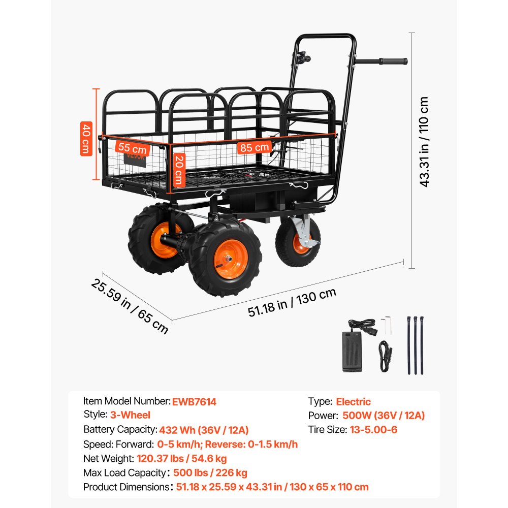 VEVOR Electric Utility Cart, 36V 432Wh Battery Powered Electric Wagon, 500W Power Wheelbarrow with Brake, 500 lbs Load Heavy Duty Steel Garden Cart for Farm and Yard All Purpose Modular Cargo Bed