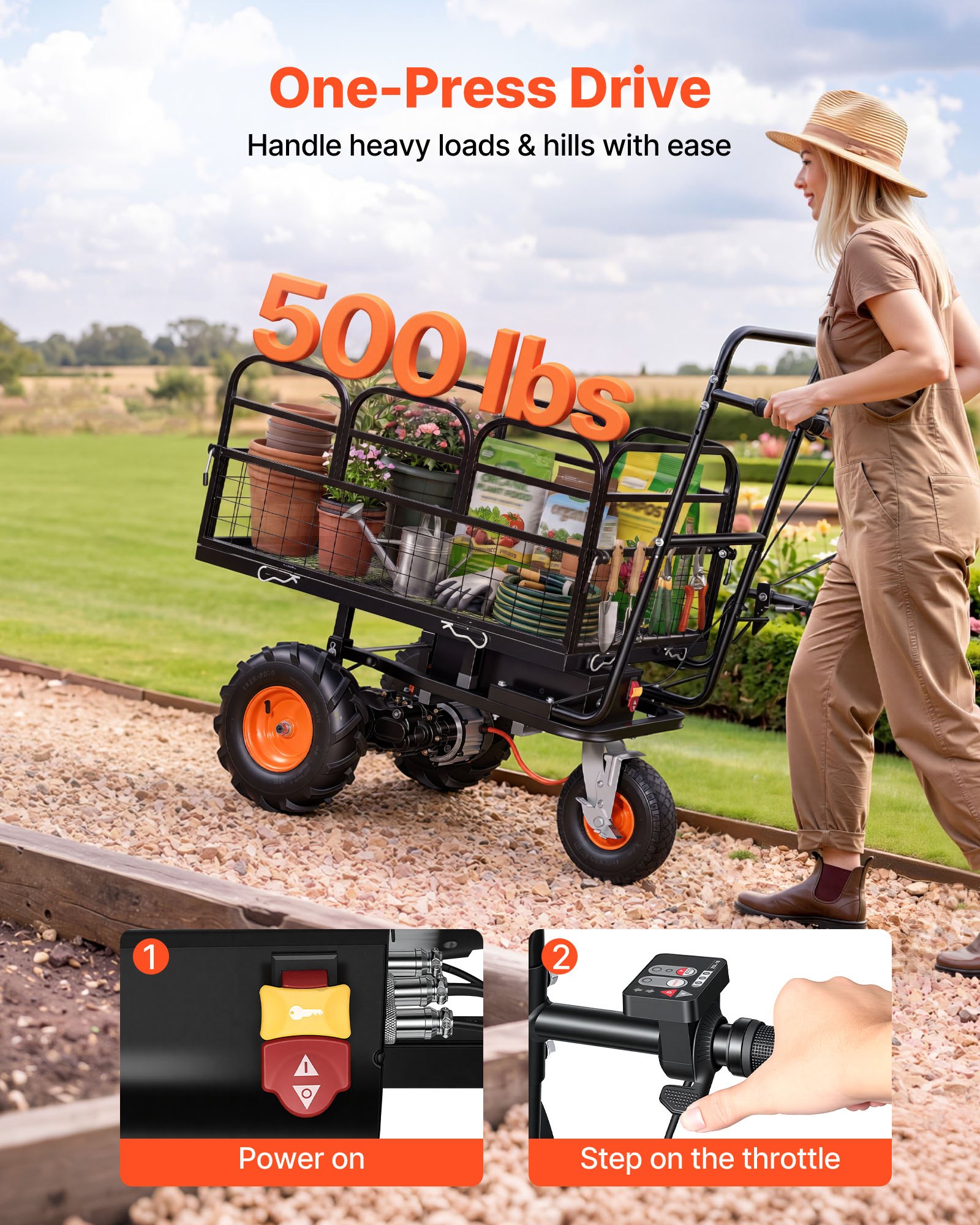 VEVOR Electric Utility Cart, 36V 432Wh Battery Powered Electric Wagon, 500W Power Wheelbarrow with Brake, 500 lbs Load Heavy Duty Steel Garden Cart for Farm and Yard All Purpose Modular Cargo Bed