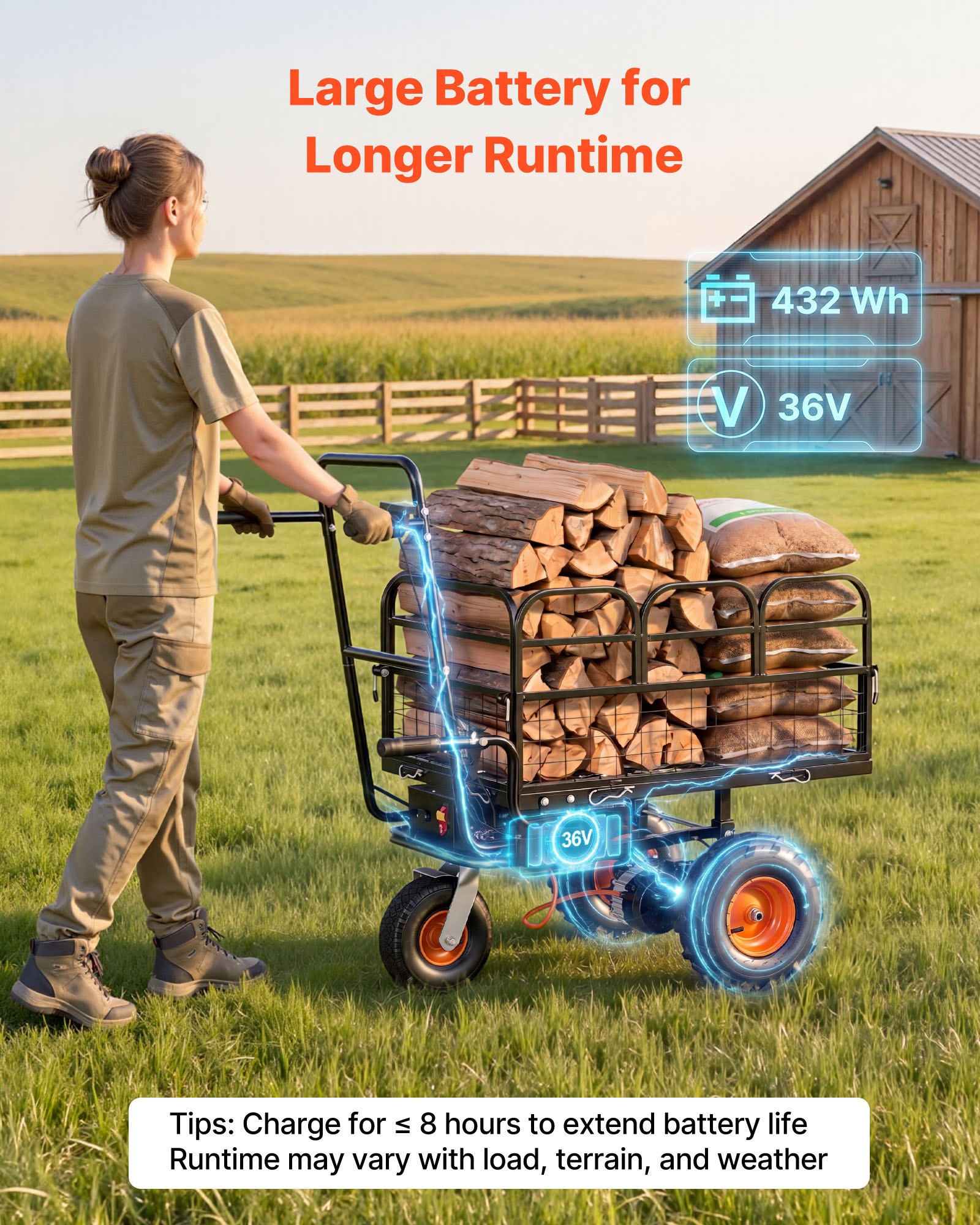 VEVOR Electric Utility Cart, 36V 432Wh Battery Powered Electric Wagon, 500W Power Wheelbarrow with Brake, 500 lbs Load Heavy Duty Steel Garden Cart for Farm and Yard All Purpose Modular Cargo Bed
