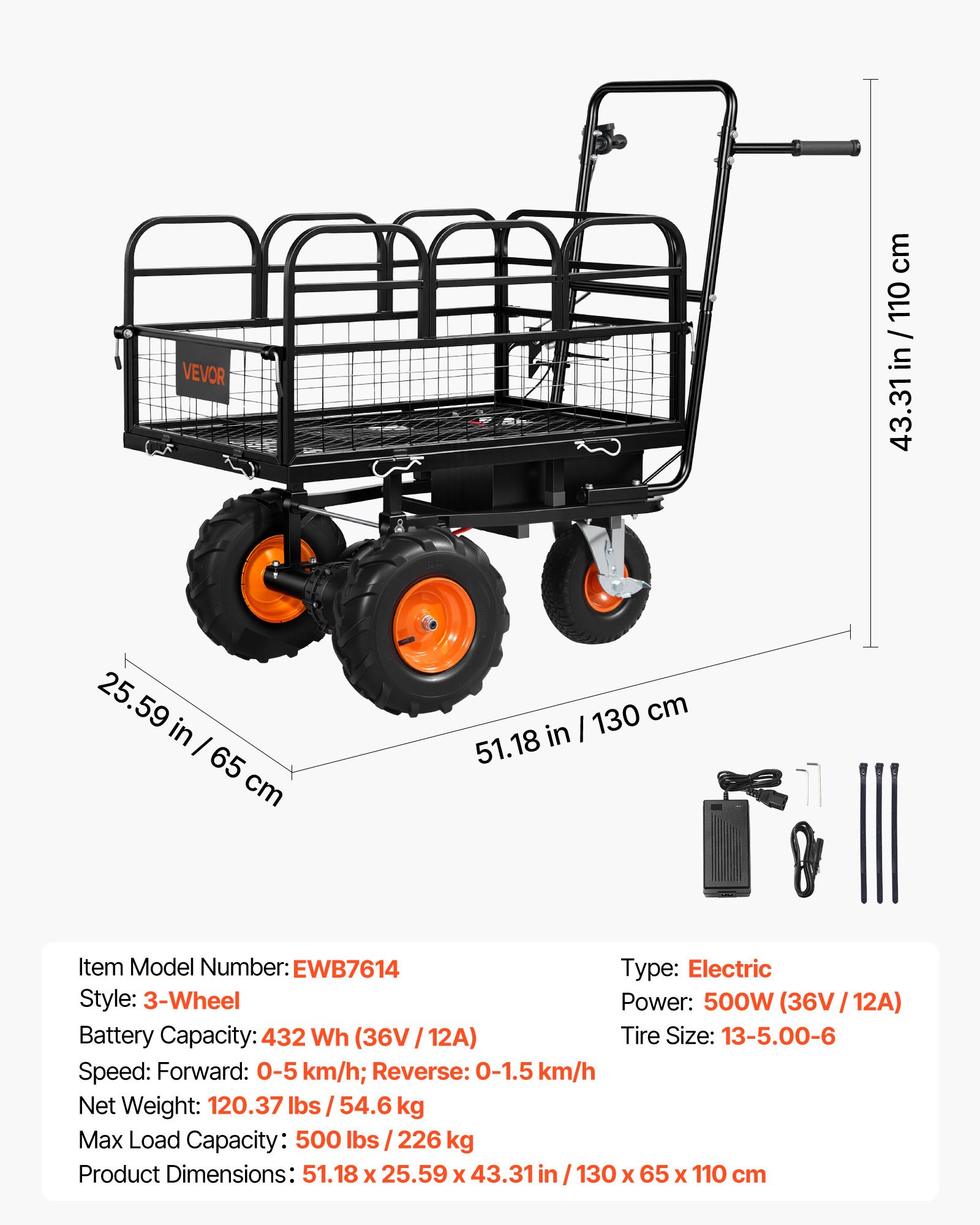 VEVOR Electric Utility Cart, 36V 432Wh Battery Powered Electric Wagon, 500W Power Wheelbarrow with Brake, 500 lbs Load Heavy Duty Steel Garden Cart for Farm and Yard All Purpose Modular Cargo Bed