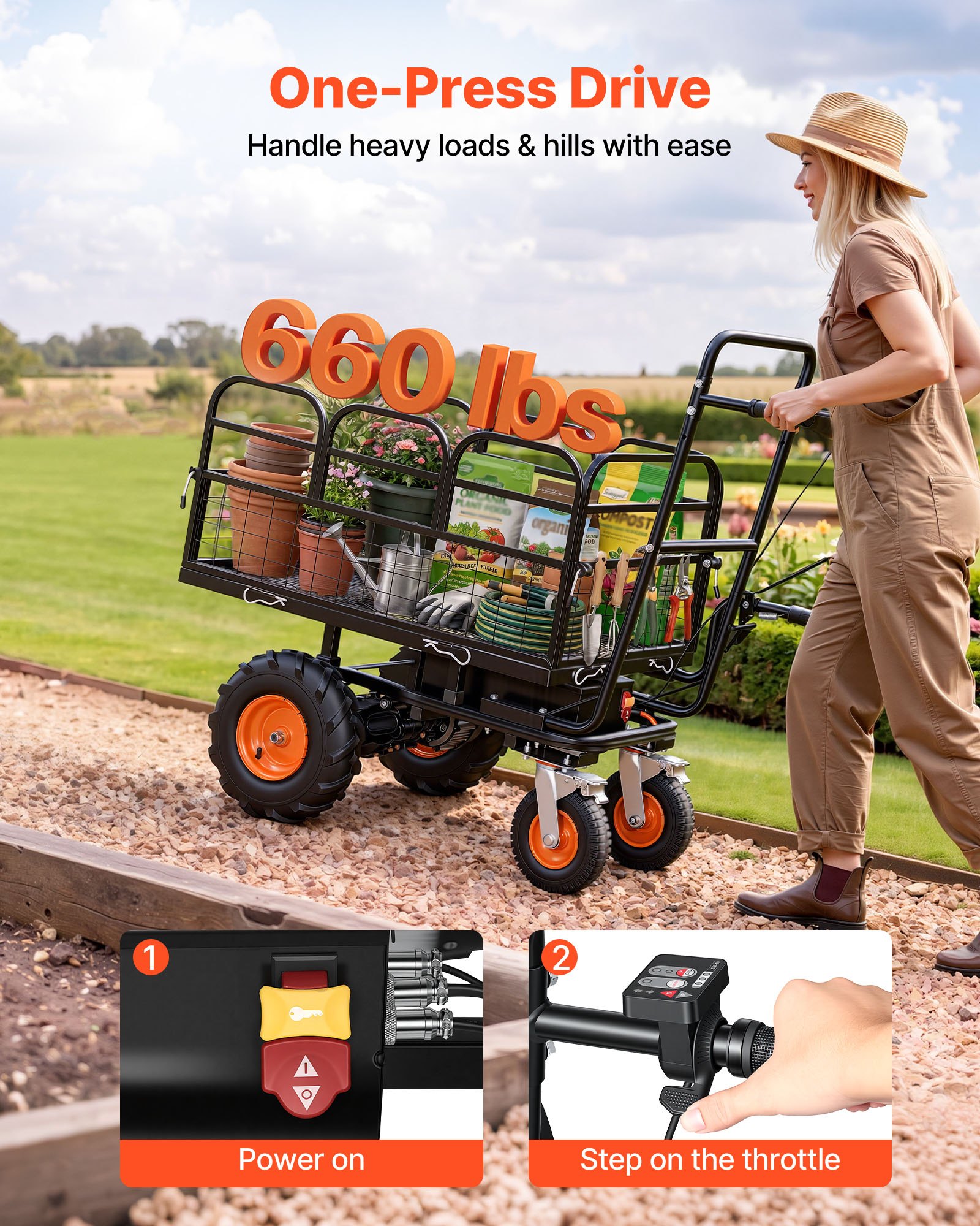 VEVOR Electric Utility Cart, 36V 432Wh Battery Powered Electric Wagon, 500W Power Wheelbarrow with Brake, 660 lbs Load Heavy Duty Steel Garden Cart for Farm and Yard All Purpose Modular Cargo Bed