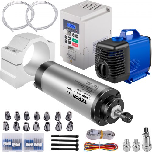 Kits de Motor de husillo CNC VEVOR VFD, Motor de husillo refrigerado por agua de 220V 1.5KW con abrazadera, bomba de agua VFD de 400Hz 24000RPM para grabador CNC