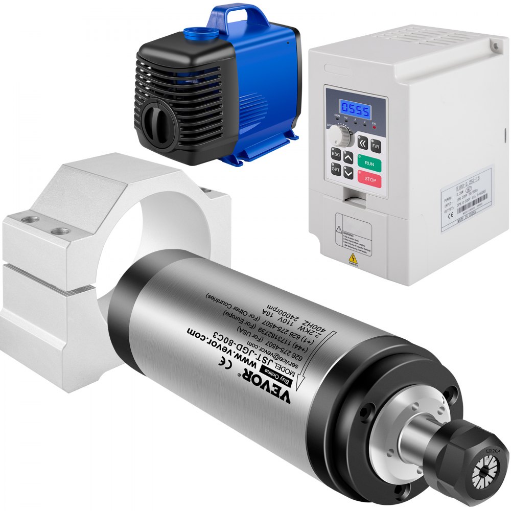 Kits de motor de husillo CNC VEVOR VFD de 110 V, 2,2 kW, refrigerado por agua, 400 Hz, 24 000 RPM, VFD, bomba de agua de 3 HP, 110 V, 80 W, montaje de abrazadera, tubería de agua de 80 mm y 5 m para máquina de grabado CNC.