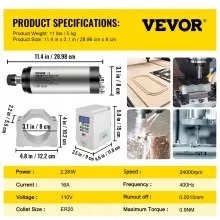 VEVOR VFD CNC Spindle Motor Kits 110V CNC Spindle Motor Kits 2.2KW Water Cooled Spindle Motor 400HZ 24000RPM VFD 3HP Water Pump 110V 80W Motor Clamp Mount 80mm Water Pipe 5m for CNC Engraving Machine
