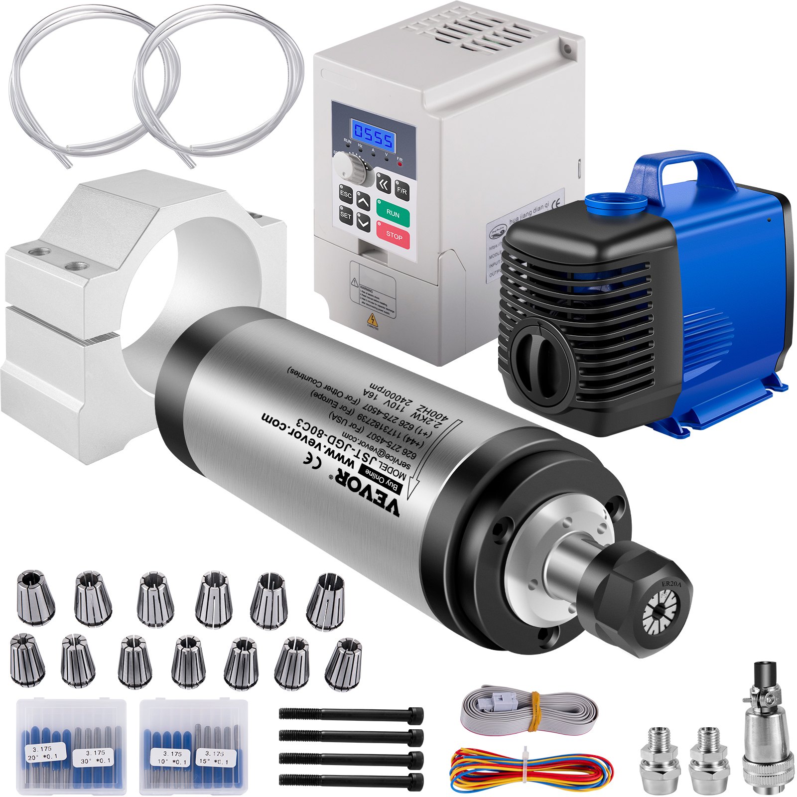 Kits de motor de husillo CNC VEVOR VFD de 110 V, 2,2 kW, refrigerado por agua, 400 Hz, 24 000 RPM, VFD, bomba de agua de 3 HP, 110 V, 80 W, montaje de abrazadera, tubería de agua de 80 mm y 5 m para máquina de grabado CNC.