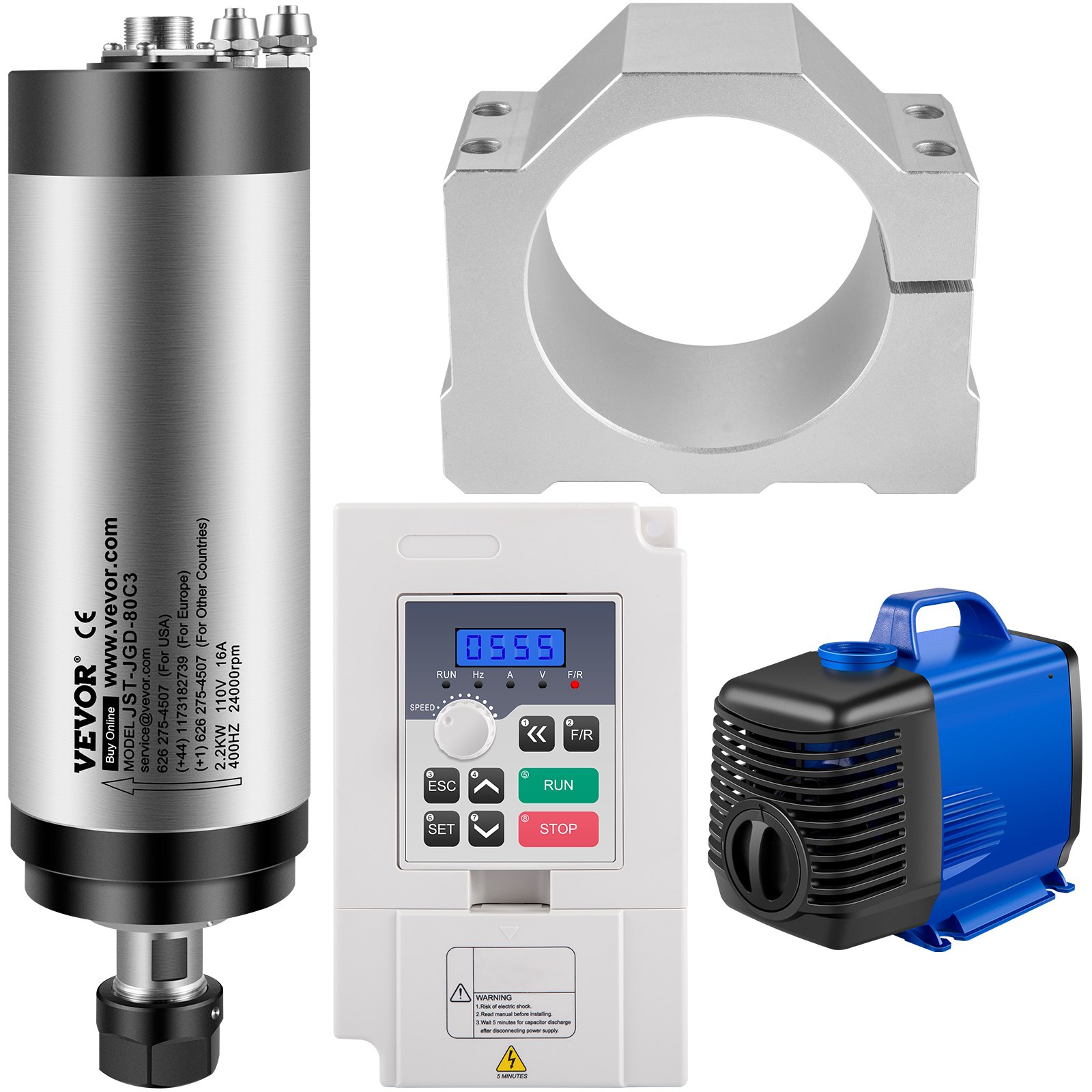 Kits de motor de husillo CNC VEVOR VFD de 110 V, 2,2 kW, refrigerado por agua, 400 Hz, 24 000 RPM, VFD, bomba de agua de 3 HP, 110 V, 80 W, montaje de abrazadera, tubería de agua de 80 mm y 5 m para máquina de grabado CNC.