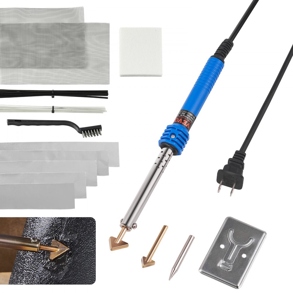 VEVOR plastic welding kit with blue handle, accessories, and power cord laid out.