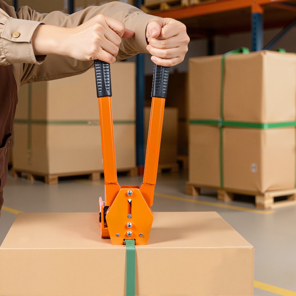 VEVOR Banding Strapping Kit, Heavy Duty Banding Sealer Tool with 305 m Length PET Band, 300 Metal Seals, Plastic Manual Pallet Packaging Strapping Kit for Warehouse/Shipping/Moving/Home, Orange
