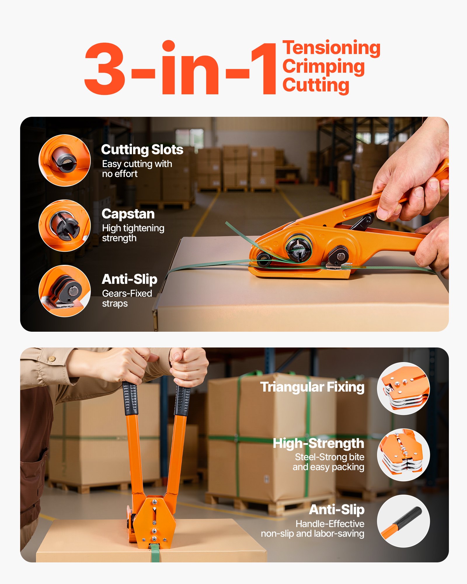 VEVOR Banding Strapping Kit, Heavy Duty Banding Sealer Tool with 305 m Length PET Band, 300 Metal Seals, Plastic Manual Pallet Packaging Strapping Kit for Warehouse/Shipping/Moving/Home, Orange