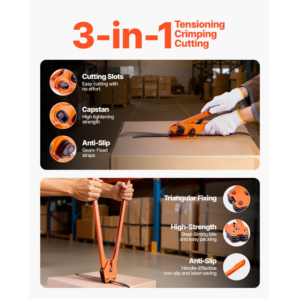 VEVOR Banding Strapping Kit, Heavy Duty Banding Sealer Tool with 610 m PET Band, 600 Metal Seals, 200 Corner Protectors, Plastic Pallet Packaging Strapping Kit for Warehouse, Transportation, Home