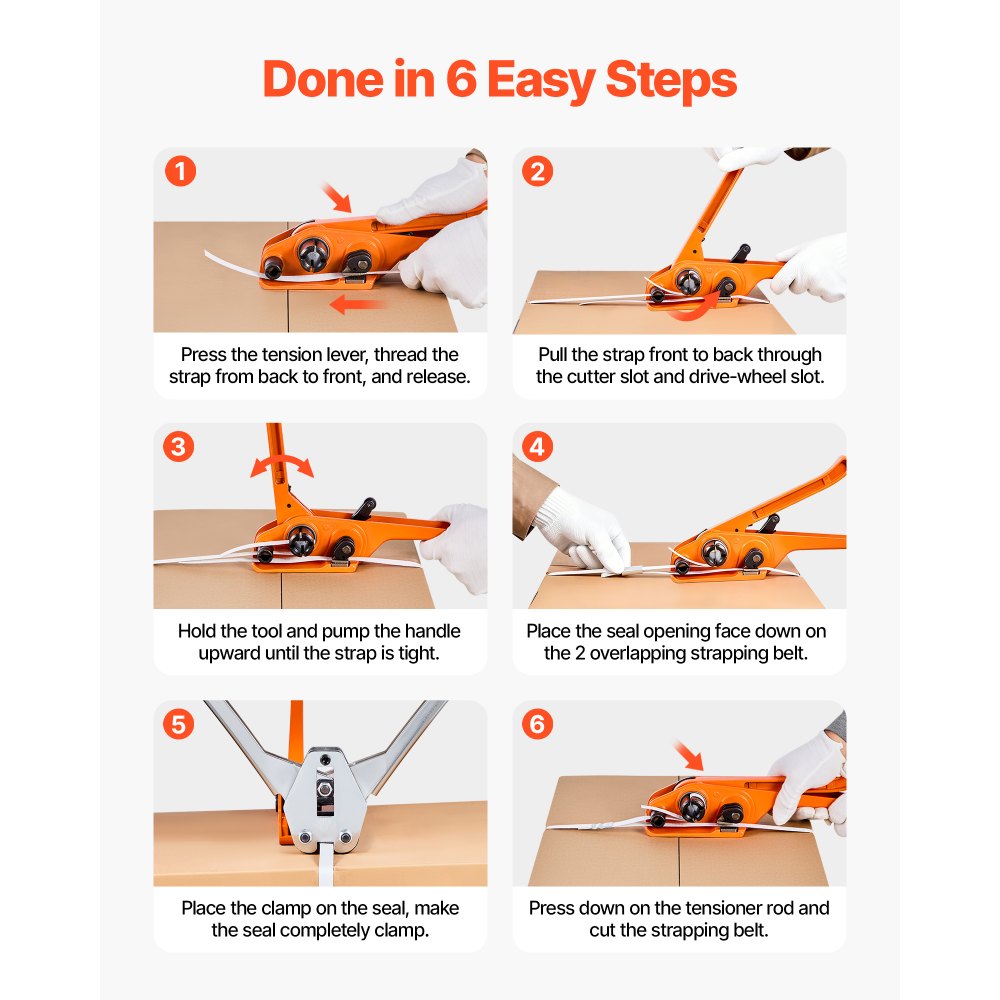 VEVOR Banding Strapping Kit, Heavy Duty Banding Sealer Tool with 100 m Length PP Band, 100 Metal Seals, Plastic Manual Pallet Packaging Strapping Kit for Warehouse/Shipping/Moving/Home, Orange