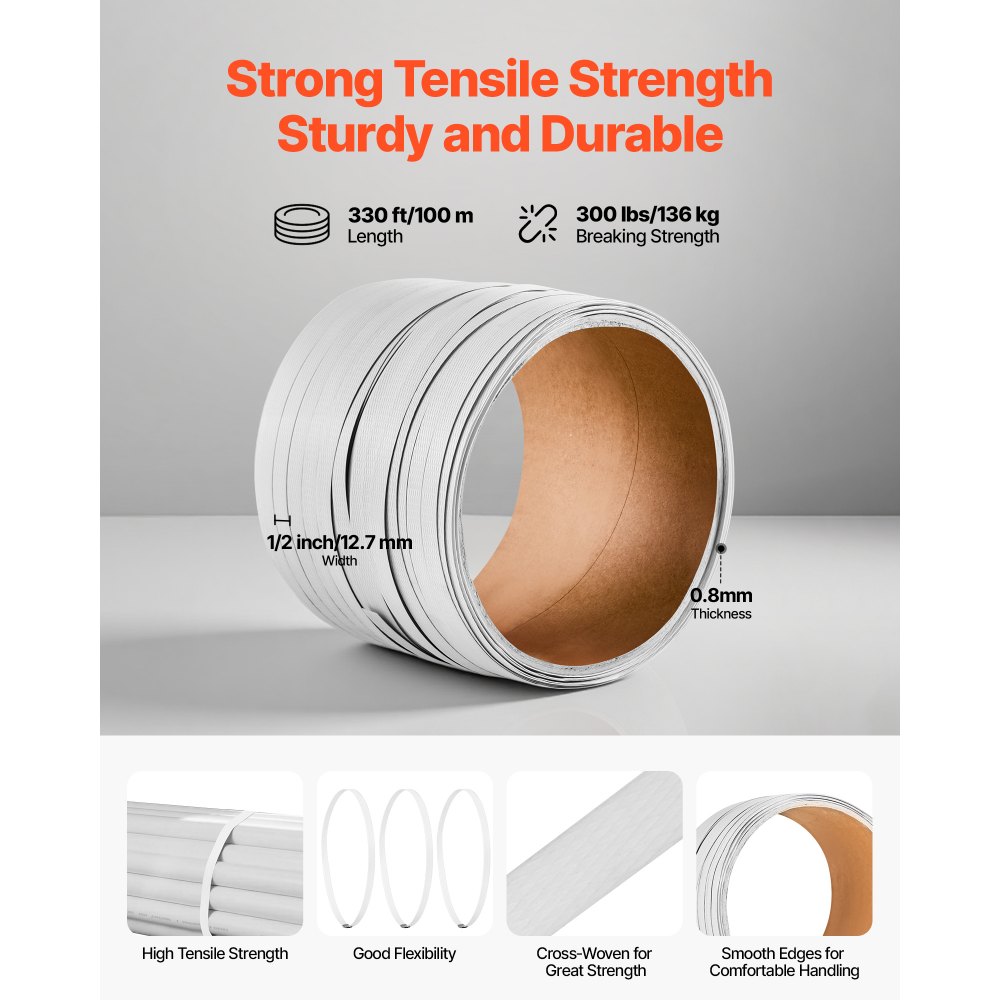 VEVOR Banding Strapping Kit, Heavy Duty Banding Sealer Tool with 100 m Length PP Band, 100 Metal Seals, Plastic Manual Pallet Packaging Strapping Kit for Warehouse/Shipping/Moving/Home, Orange