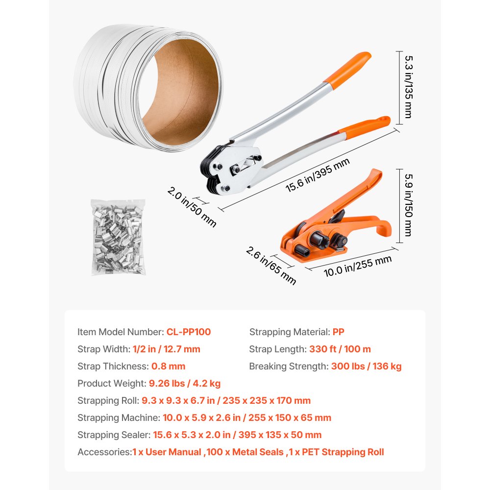 VEVOR Banding Strapping Kit, Heavy Duty Banding Sealer Tool with 100 m Length PP Band, 100 Metal Seals, Plastic Manual Pallet Packaging Strapping Kit for Warehouse/Shipping/Moving/Home, Orange