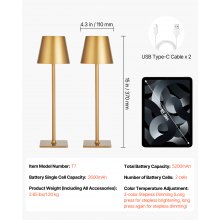 Cordless Table Lamp 2-Pack 5200mAh Built-in Rechargeable Battery Desk Lamp Gold