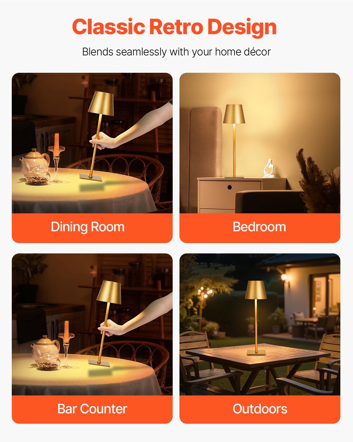 VEVOR Cordless Table Lamp, 2-Pack, 5200mAh Built-in Rechargeable Battery Desk Lamp, 3 Color Stepless Dimming Up, 3000-6500K Color Temperature, Table Light for Restaurant, Bedroom, Outdoor, Gold