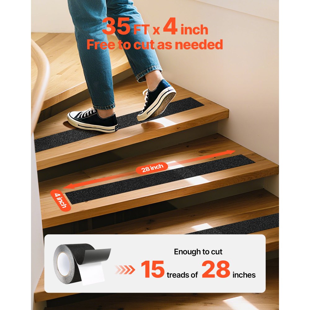VEVOR Anti-Slip Tape, 35 FT x 4 inch Non Slip Grip Tape for Stairs Steps, 80-Grit Aluminum Oxide High Traction Non-Skid Stair Treads with Strong Adhesive Backing, Suitable for Indoor & Outdoor Use