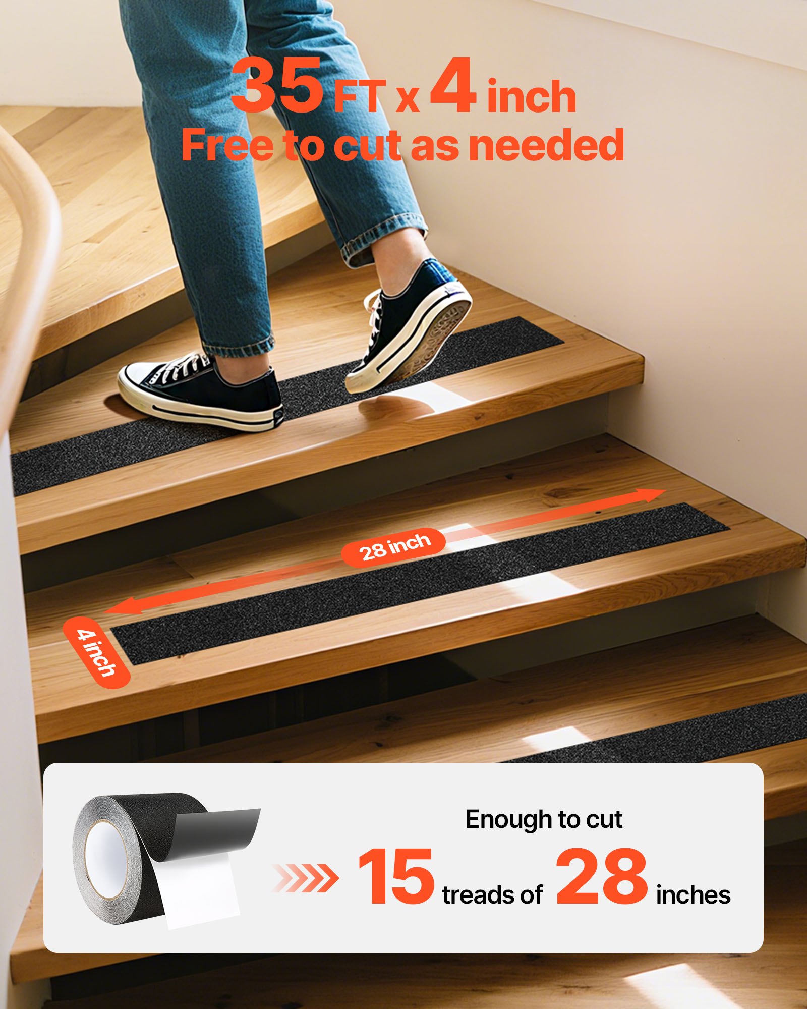 VEVOR Anti-Slip Tape, 35 FT x 4 inch Non Slip Grip Tape for Stairs Steps, 80-Grit Aluminum Oxide High Traction Non-Skid Stair Treads with Strong Adhesive Backing, Suitable for Indoor & Outdoor Use