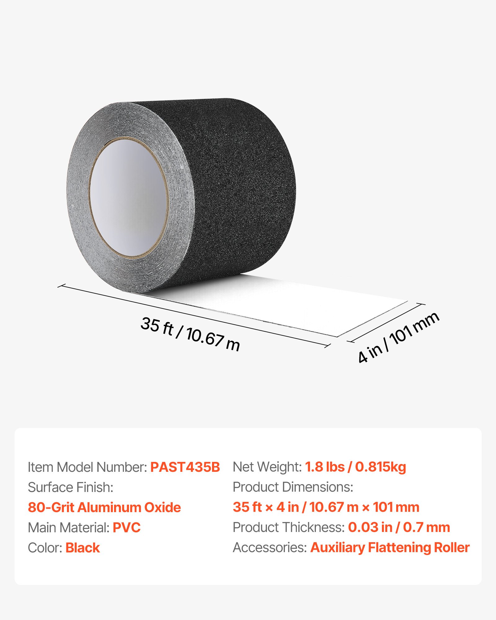 VEVOR Anti-Slip Tape, 35 FT x 4 inch Non Slip Grip Tape for Stairs Steps, 80-Grit Aluminum Oxide High Traction Non-Skid Stair Treads with Strong Adhesive Backing, Suitable for Indoor & Outdoor Use