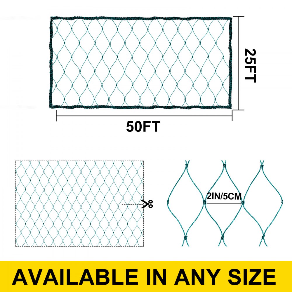 VEVOR [Resistente] Red de jardín de PE 25FT50FT Red de pájaros Malla de 2 pulgadas con bordes recortados reforzados, Durable [5KG] Malla de malla para valla Piscina Estanque Red adecuada para pradera, huerta, piscina de peces