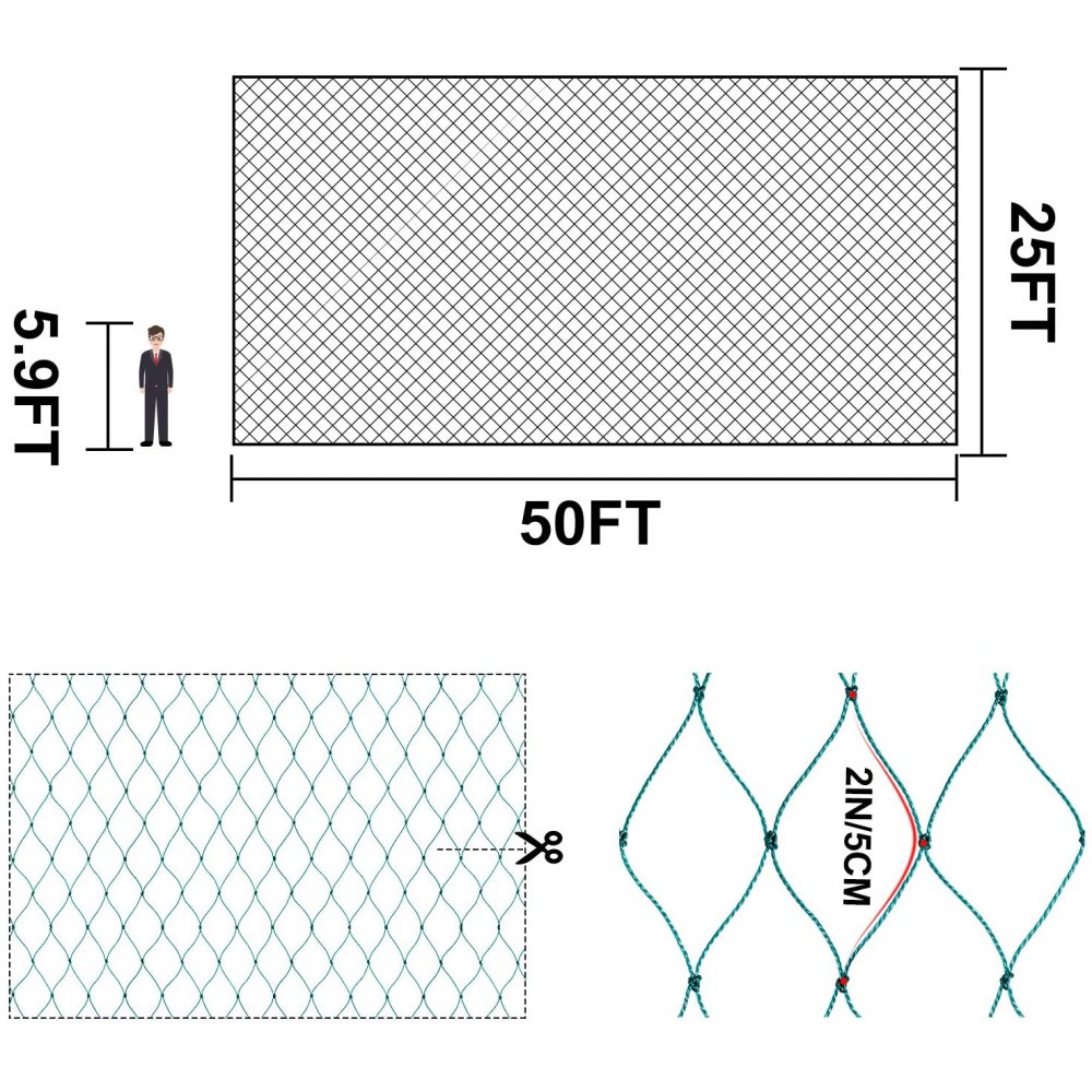 VEVOR [Resistente] Red de jardín de PE 25FT50FT Red de pájaros Malla de 2 pulgadas con bordes recortados reforzados, Durable [5KG] Malla de malla para valla Piscina Estanque Red adecuada para pradera, huerta, piscina de peces