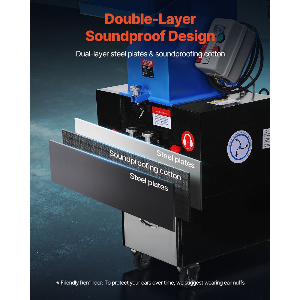 VEVOR plastknuser, 3 HK/2,2 KW plastikflaskekværn og granulator, pulveriseringsmaskine med kapacitet 100-150 kg/t, hjul, SDK-11 blad og 6 mm maske til PVC ABS PTFE (380 V 50 Hz 3-faset)