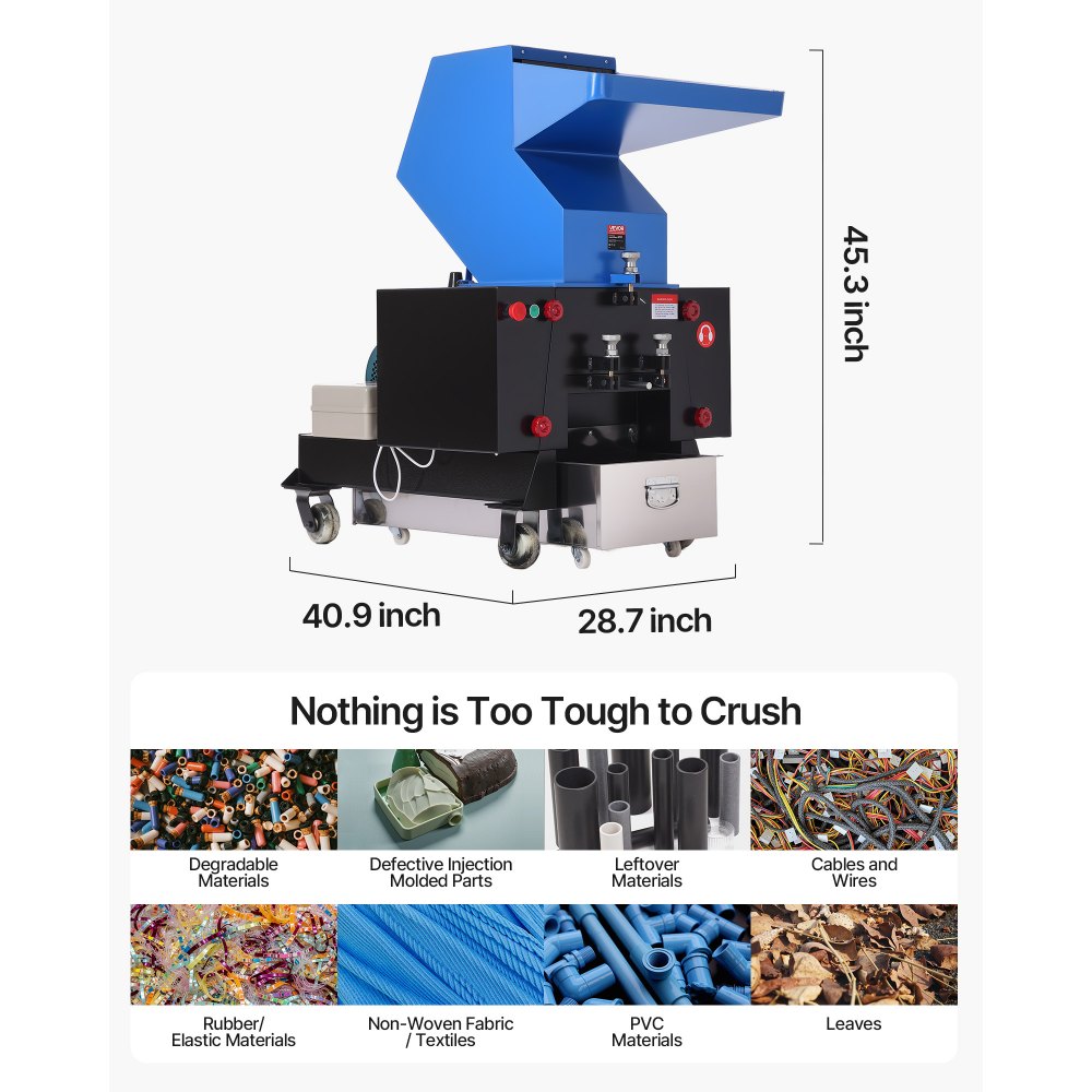 VEVOR Plastic Shredder Crusher, 7.5HP/5.5KW Plastic Grinder Granulator, 200-300kg/h Capacity Pulverizer Recycling Machine with Wheels, SDK-11 Blade & 8mm Mesh for PVC PTFE (220V 60Hz 3-Phase)