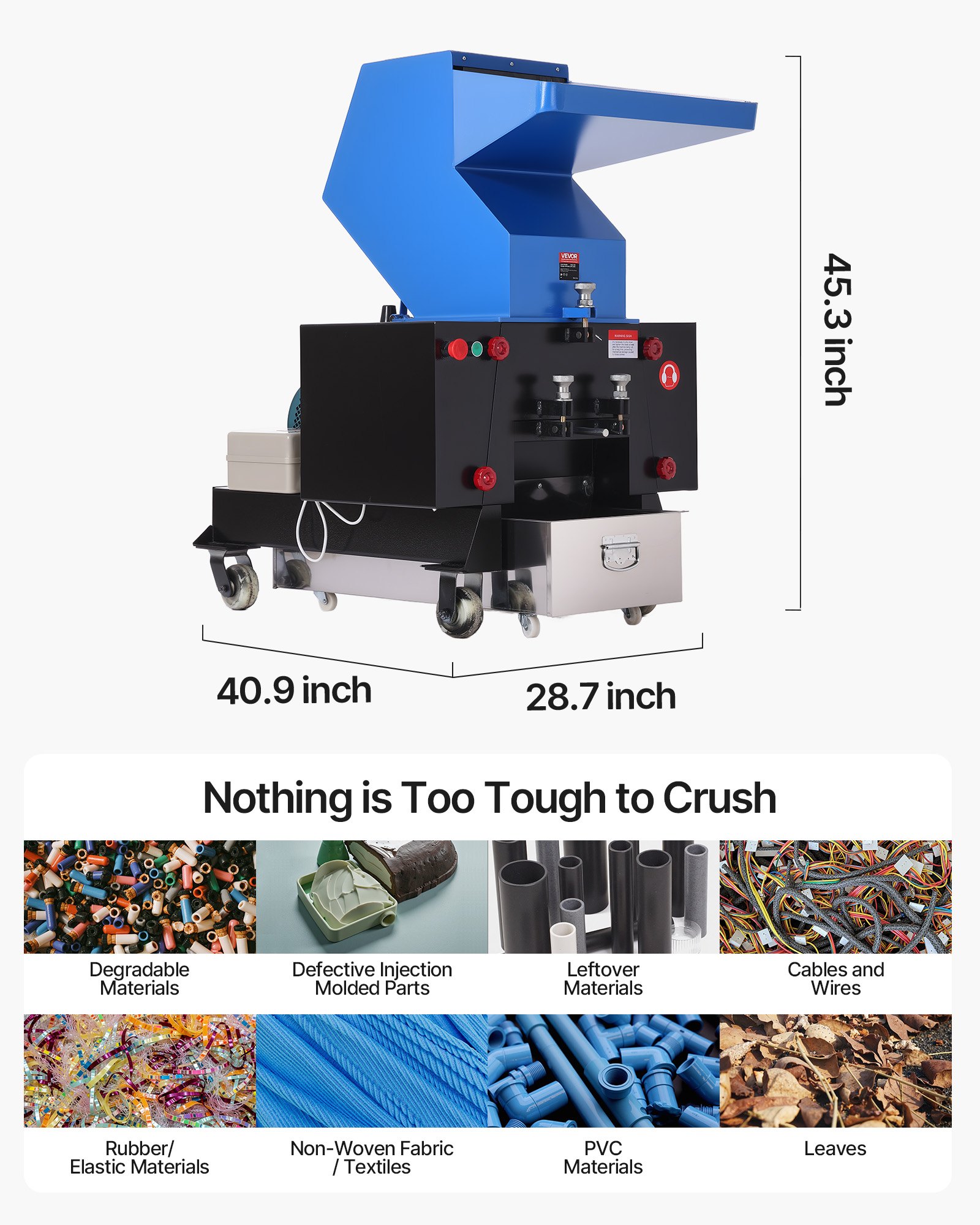 VEVOR Plastic Shredder Crusher, 7.5HP/5.5KW Plastic Grinder Granulator, 200-300kg/h Capacity Pulverizer Recycling Machine with Wheels, SDK-11 Blade & 8mm Mesh for PVC PTFE (220V 60Hz 3-Phase)
