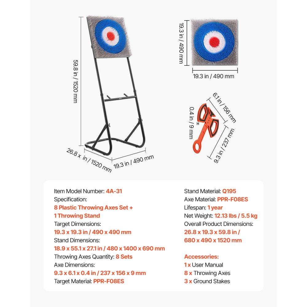 VEVOR Axe Throwing Game, Plastic Bristle Target with 8 Throwing Axes Set, Foldable Steel Frame, Easy to Store, Stable Placement for Indoor and Outdoor, Backyard, Yard and Carnival Games, Adults Kids