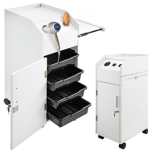 VEVOR Salon SPA Beauty Hairdressing Cart White Storage Trolley with 4 Drawers Rolling Wheels Lockable 2 Keys with Hairdryer Holder Space-Saving Side Tray