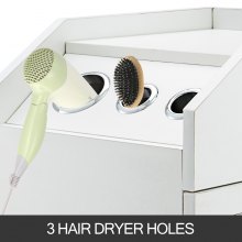 VEVOR Salon SPA Chariot de coiffure de beauté Chariot de rangement blanc avec 4 tiroirs, roulettes verrouillables, 2 clés avec support pour sèche-cheveux, plateau latéral peu encombrant