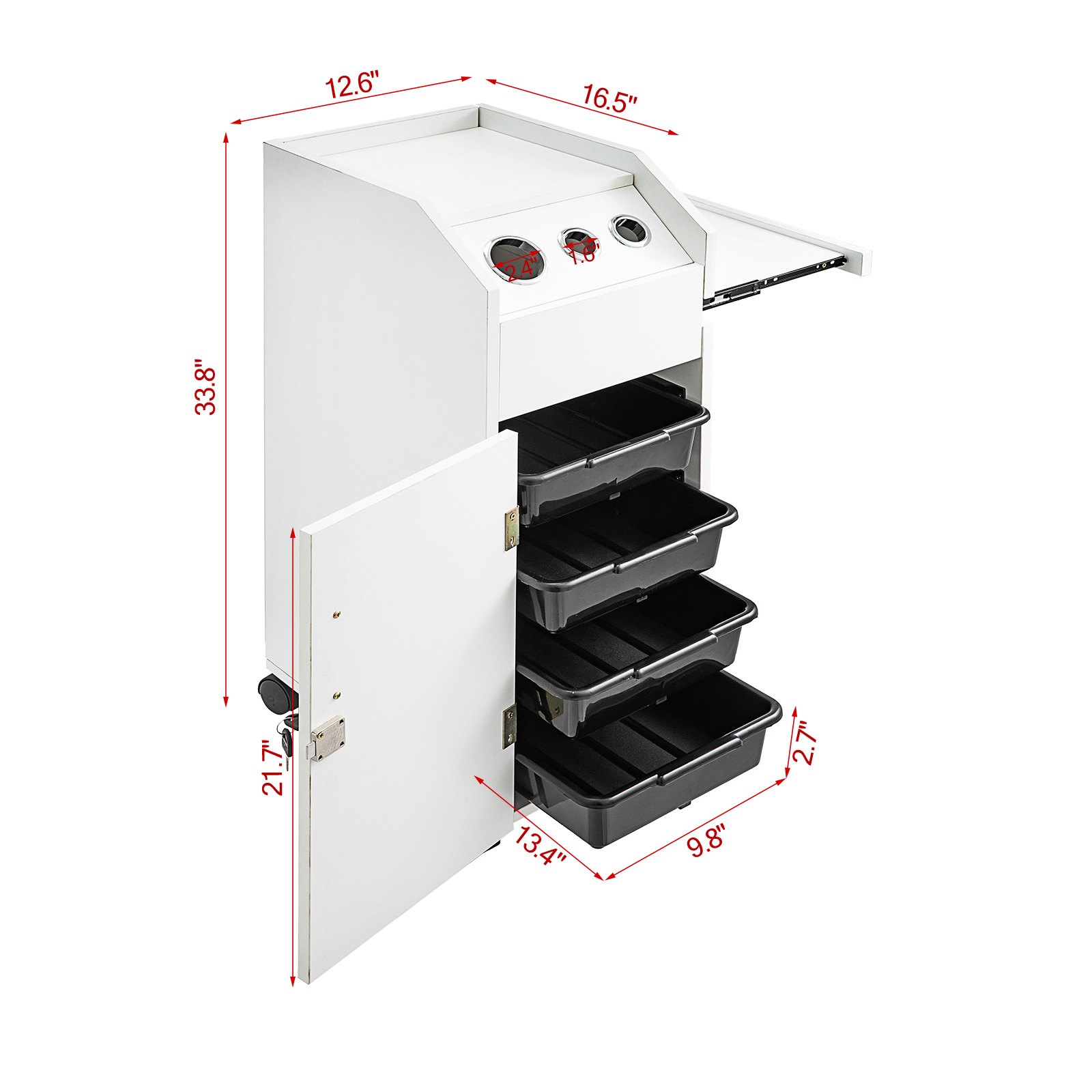 VEVOR Salon SPA Beauty Hairdressing Cart White Storage Trolley with 4 Drawers Rolling Wheels Lockable 2 Keys with Hairdryer Holder Space-Saving Side Tray