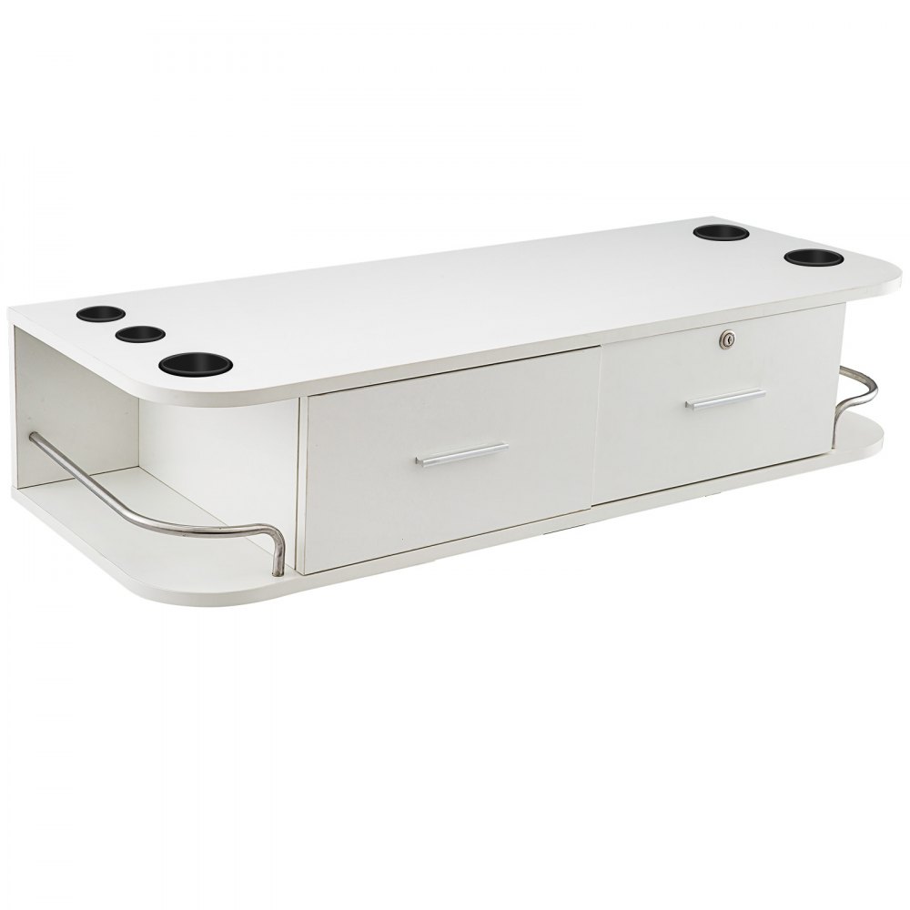 white VEVOR styling station with storage drawers, metal bars, and appliance holders.
