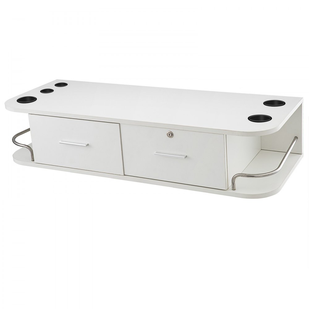 white VEVOR styling station with drawers, appliance holders, and a side guard rail.