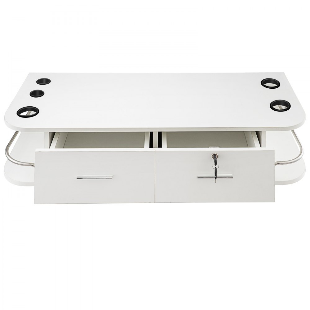 white VEVOR styling station with dual drawers, built-in appliance holders, and lock.