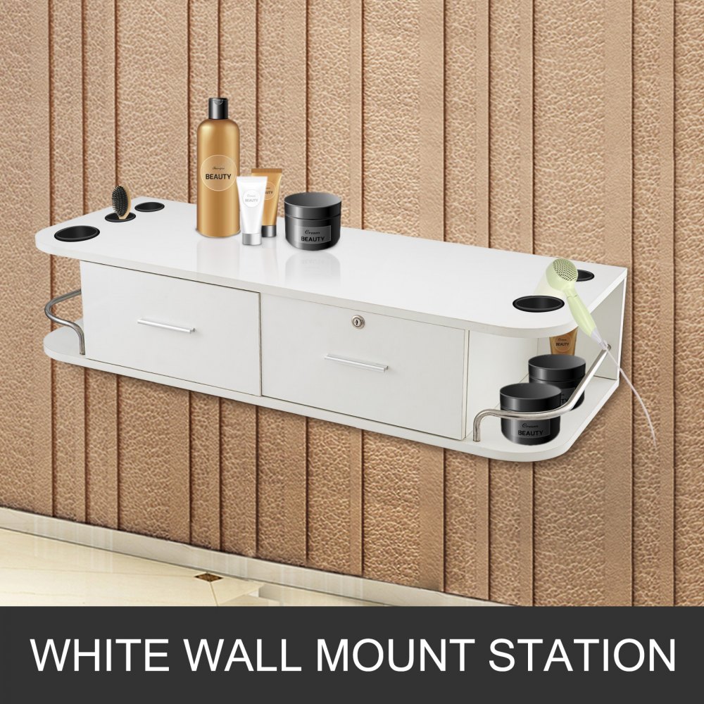 VEVOR styling station: white wall-mounted unit with beauty products and drawers.
